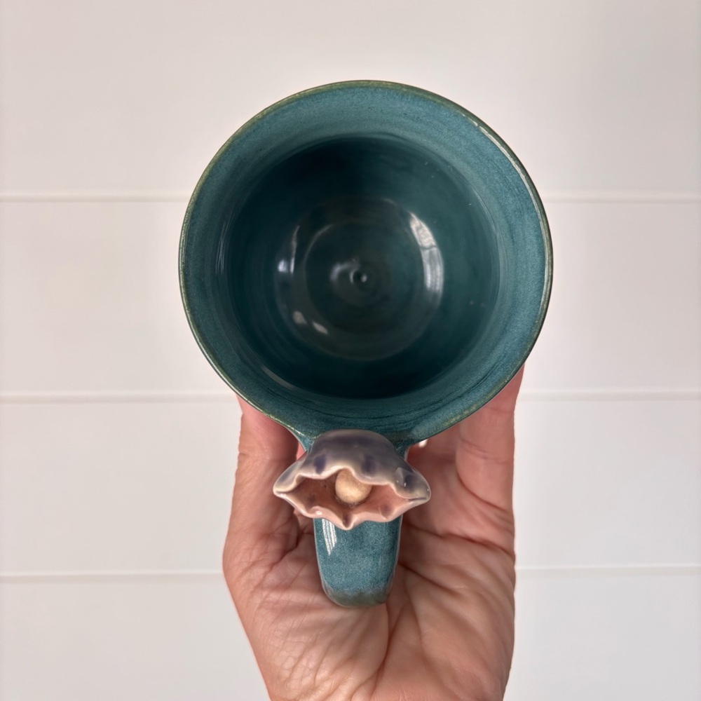 Handmade Teal Ocean Waves Ceramic Mug with Oyster and pearl Accent On Handle - Picture 5 of 11
